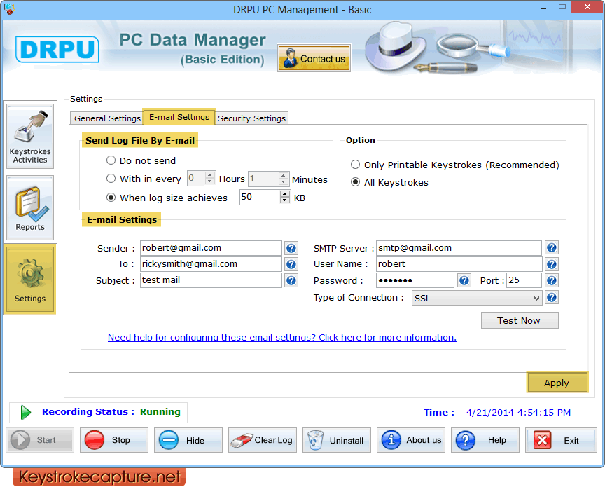 Keylogger tool - E-mail settings