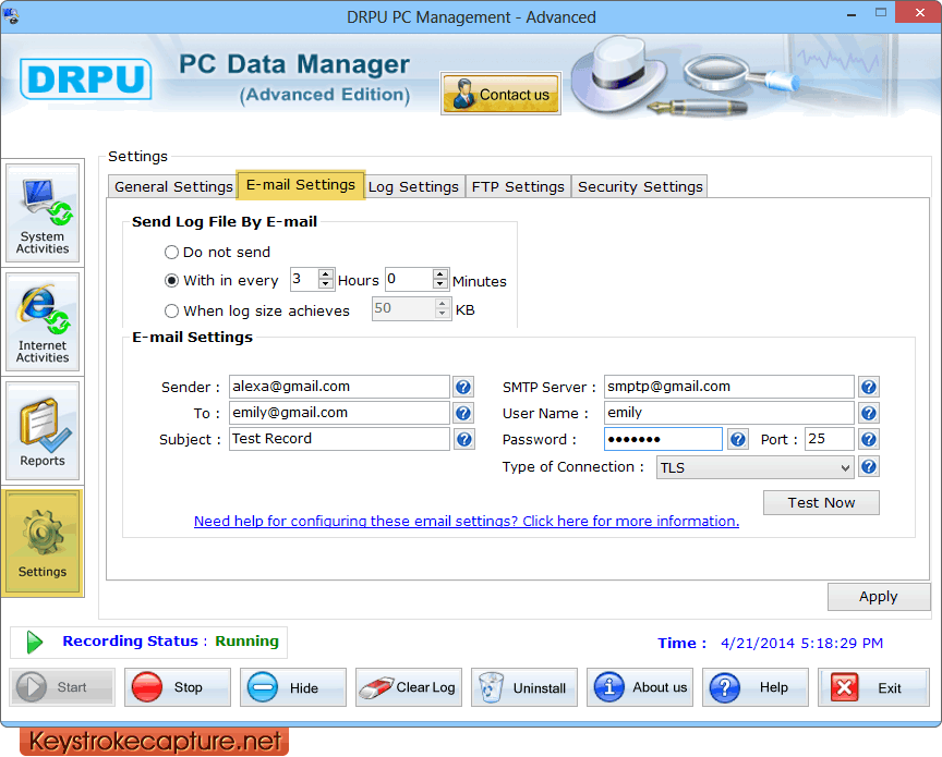 Keystroke recorder application - E-mail Settings